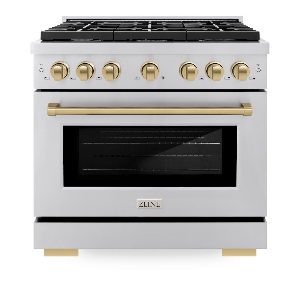 ZLINE Autograph Edition 36 in. 5.2 cu. ft. Paramount Dual Fuel Range with 6 Burner Gas Cooktop and Electric Convection Oven in Stainless Steel with Champagne Bronze Accents (SDRZ-36-CB) front, oven closed.