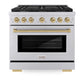 ZLINE Autograph Edition 36 in. 5.2 cu. ft. Paramount Dual Fuel Range with 6 Burner Gas Cooktop and Electric Convection Oven in Stainless Steel with Champagne Bronze Accents (SDRZ-36-CB) front, oven closed.