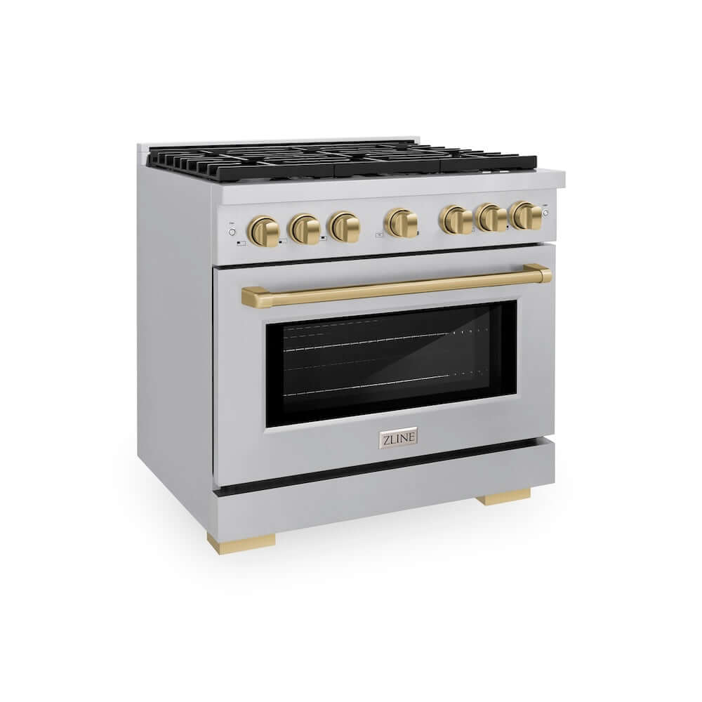 ZLINE Autograph Edition 36 in. 5.2 cu. ft. Paramount Dual Fuel Range with 6 Burner Gas Cooktop and Electric Convection Oven in Stainless Steel with Champagne Bronze Accents (SDRZ-36-CB) main image.