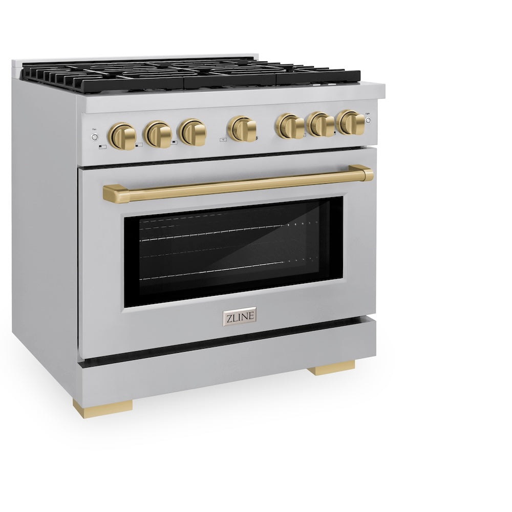 ZLINE Autograph Edition 36 in. 5.2 cu. ft. Paramount Dual Fuel Range with 6 Burner Gas Cooktop and Electric Convection Oven in Stainless Steel with Champagne Bronze Accents (SDRZ-36-CB) side, oven closed.