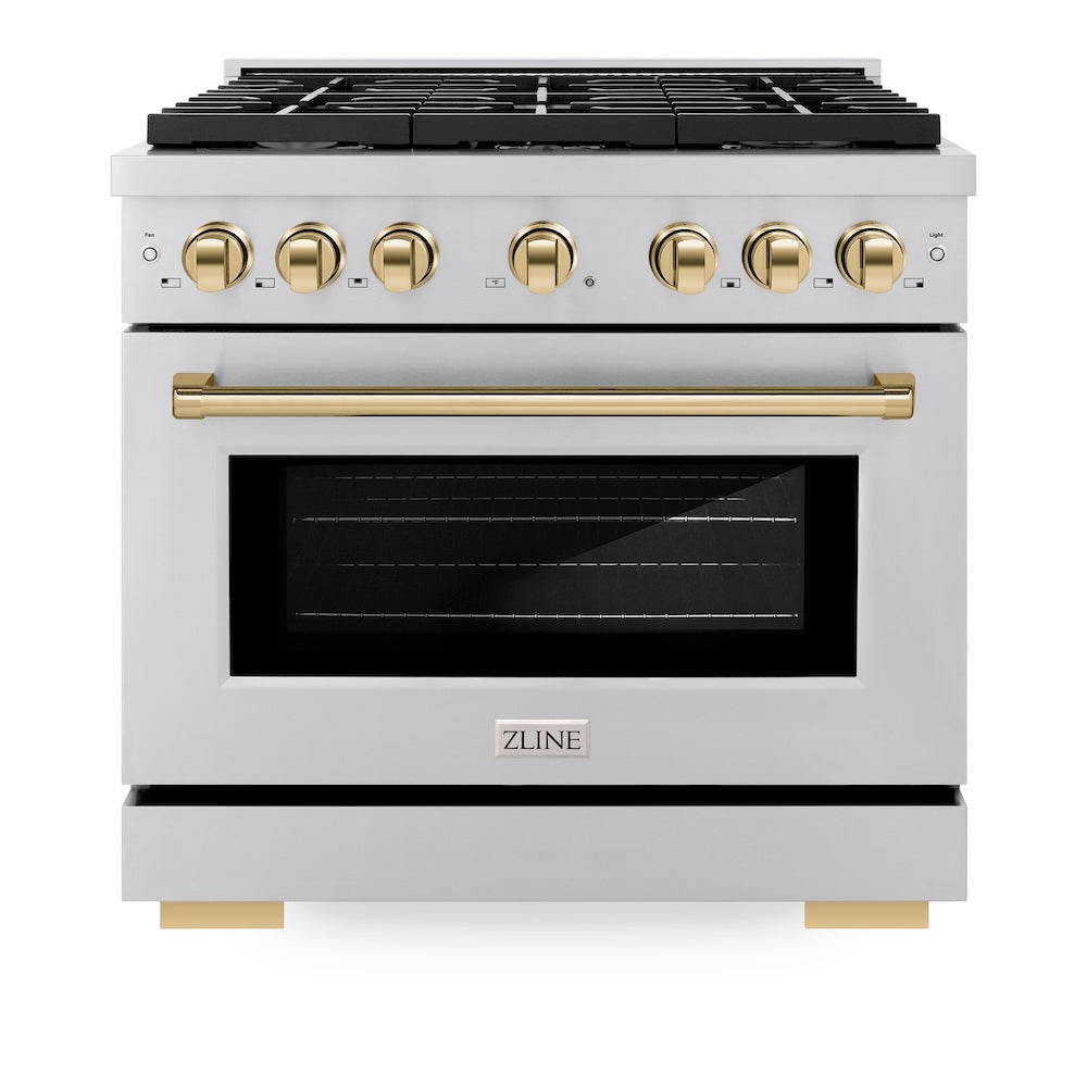 ZLINE Autograph Edition 36 in. 5.2 cu. ft. Paramount Dual Fuel Range with 6 Burner Gas Cooktop and Electric Convection Oven in Stainless Steel with Polished Gold Accents (SDRZ-36-G) front, oven closed.