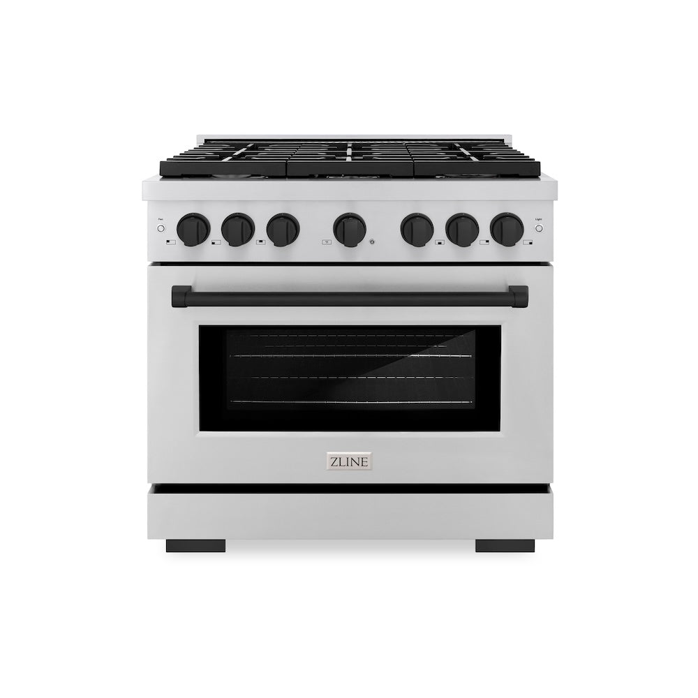 ZLINE Autograph Edition 36 in. 5.2 cu. ft. Paramount Dual Fuel Range with 6 Burner Gas Cooktop and Electric Convection Oven in Stainless Steel with Matte Black Accents (SDRZ-36-MB) front, oven closed.