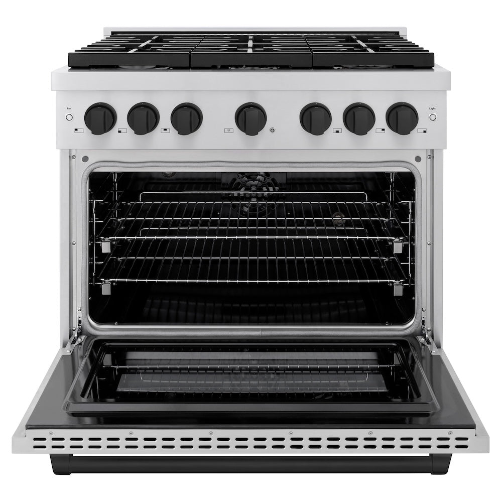 ZLINE Autograph Edition 36 in. 5.2 cu. ft. Paramount Dual Fuel Range with 6 Burner Gas Cooktop and Electric Convection Oven in Stainless Steel with Matte Black Accents (SDRZ-36-MB) front, oven open.