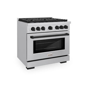 ZLINE Autograph Edition 36 in. 5.2 cu. ft. Paramount Dual Fuel Range with 6 Burner Gas Cooktop and Electric Convection Oven in Stainless Steel with Matte Black Accents (SDRZ-36-MB) main image.