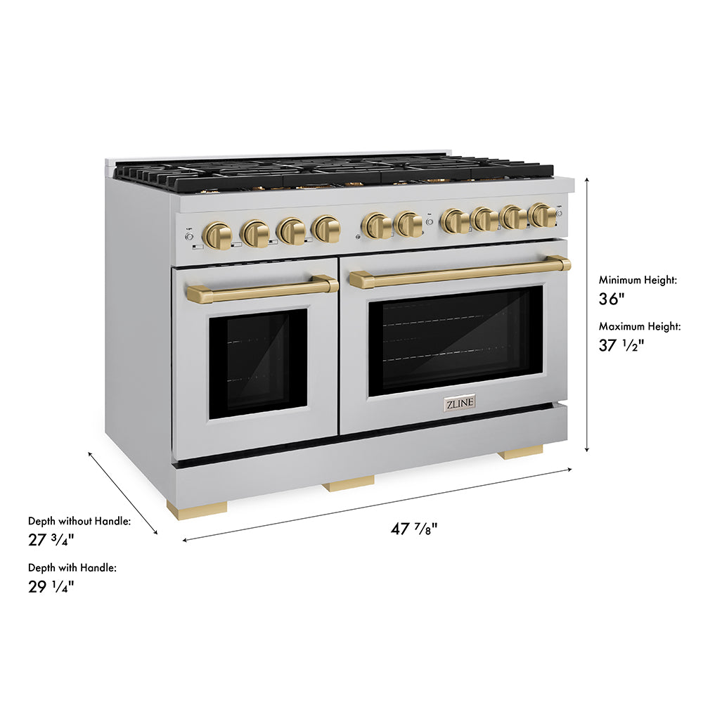 ZLINE Autograph Edition 48 in. 6.7 cu. ft. Paramount Double Oven Dual Fuel Range with 8 Burner Gas Cooktop in Stainless Steel and Champagne Bronze Accents (SDRZ-48-CB)