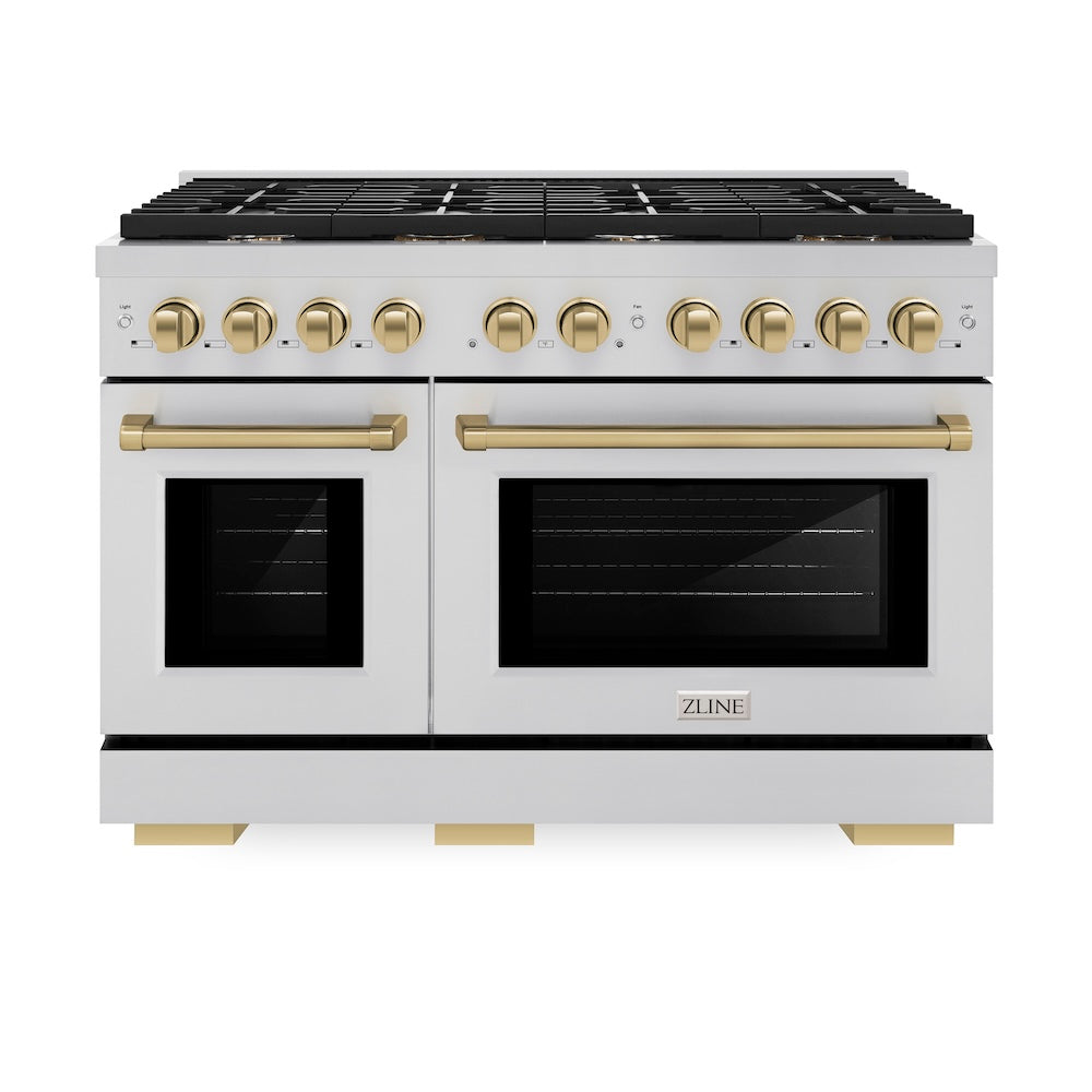 ZLINE Autograph Edition 48 in. 6.7 cu. ft. Paramount Double Oven Dual Fuel Range with 8 Burner Gas Cooktop in Stainless Steel and Champagne Bronze Accents (SDRZ-48-CB) front, oven closed.