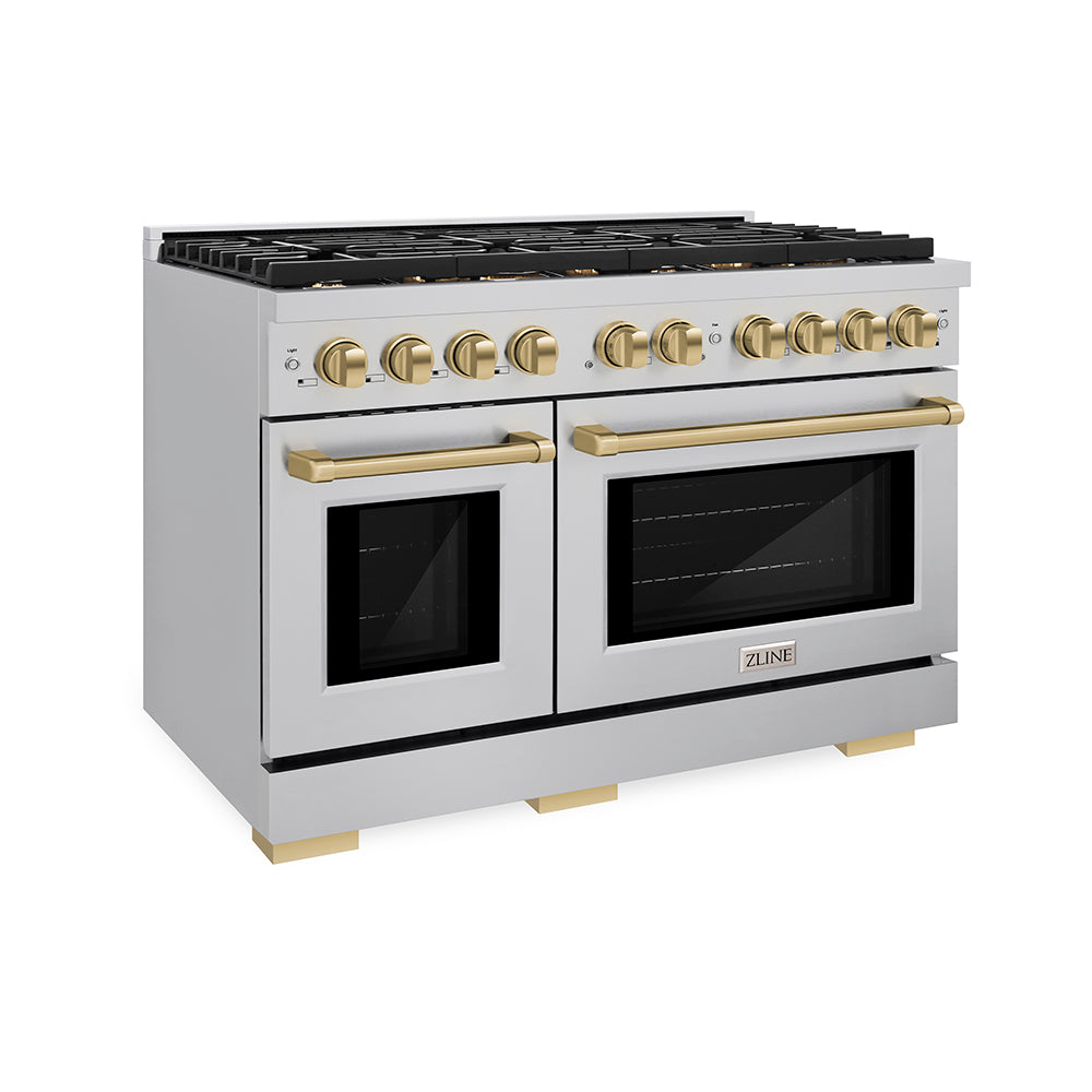ZLINE Autograph Edition 48 in. 6.7 cu. ft. Paramount Double Oven Dual Fuel Range with 8 Burner Gas Cooktop in Stainless Steel and Champagne Bronze Accents (SDRZ-48-CB) main image.