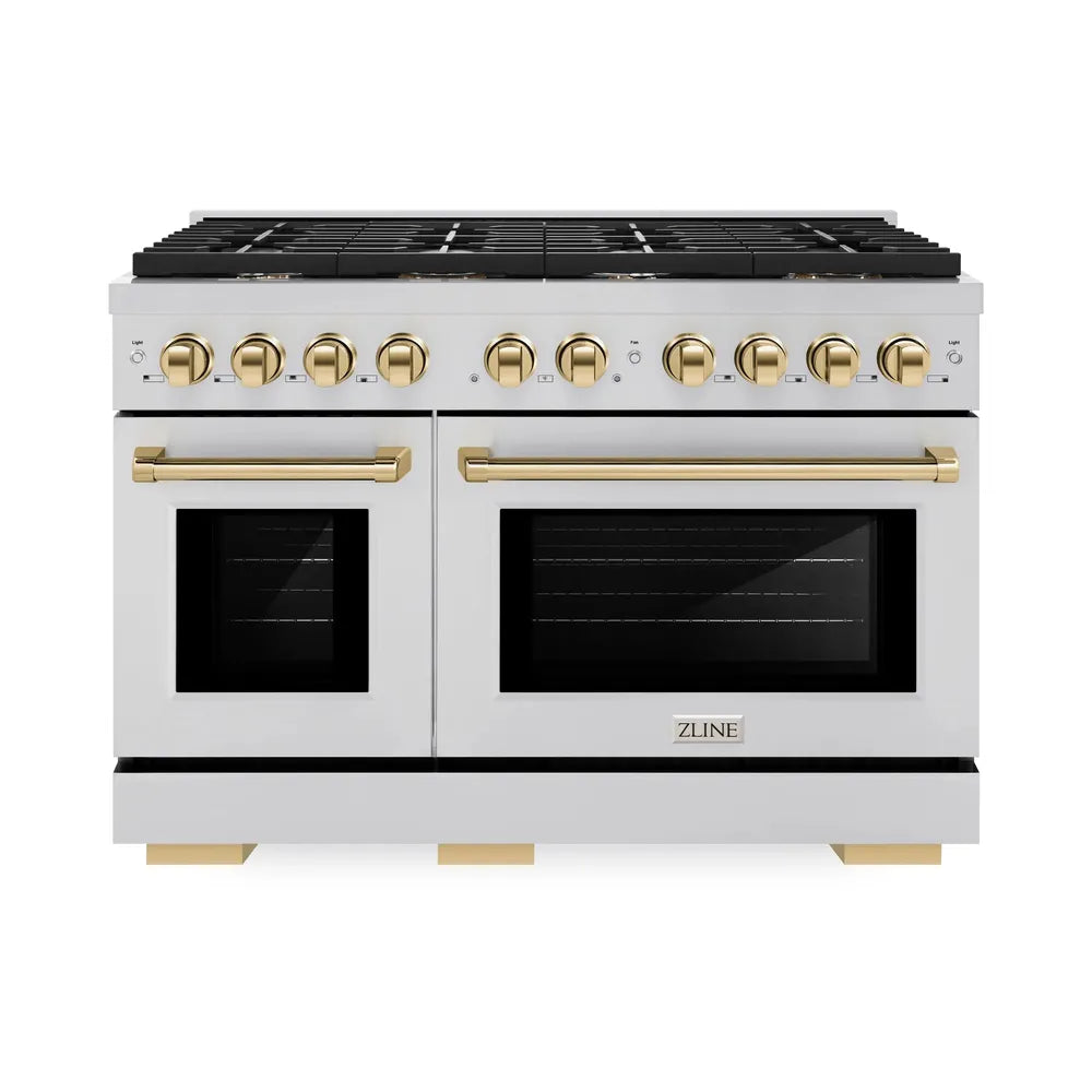 ZLINE Autograph Edition 48 in. 6.7 cu. ft. Paramount Double Oven Dual Fuel Range with 8 Burner Gas Cooktop in Stainless Steel and Polished Gold Accents, Open Box-Great Condition