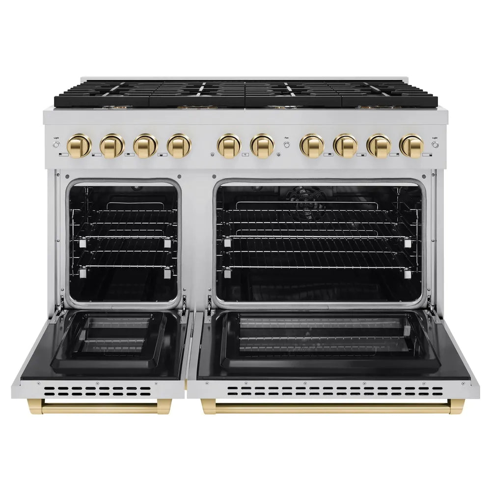 ZLINE Autograph Edition 48 in. 6.7 cu. ft. Paramount Double Oven Dual Fuel Range with 8 Burner Gas Cooktop in Stainless Steel and Polished Gold Accents, Open Box-Great Condition
