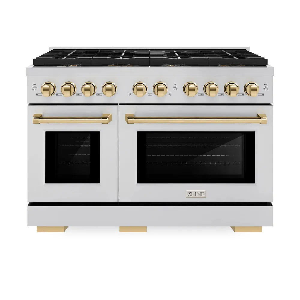 ZLINE Autograph Edition 48 in. 6.7 cu. ft. Paramount Double Oven Dual Fuel Range with 8 Burner Gas Cooktop in Stainless Steel and Polished Gold Accents, Open Box-Great Condition