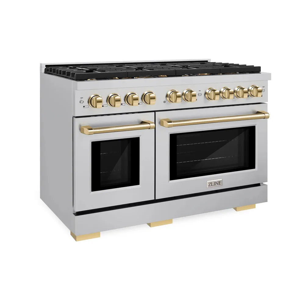 ZLINE Autograph Edition 48 in. 6.7 cu. ft. Paramount Double Oven Dual Fuel Range with 8 Burner Gas Cooktop in Stainless Steel and Polished Gold Accents, Open Box-Great Condition main image.