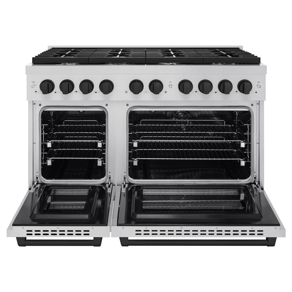 ZLINE Autograph Edition 48 in. 6.7 cu. ft. Paramount Double Oven Dual Fuel Range with 8 Burner Gas Cooktop in Stainless Steel and Matte Black Accents (SDRZ-48-MB) front, oven open.