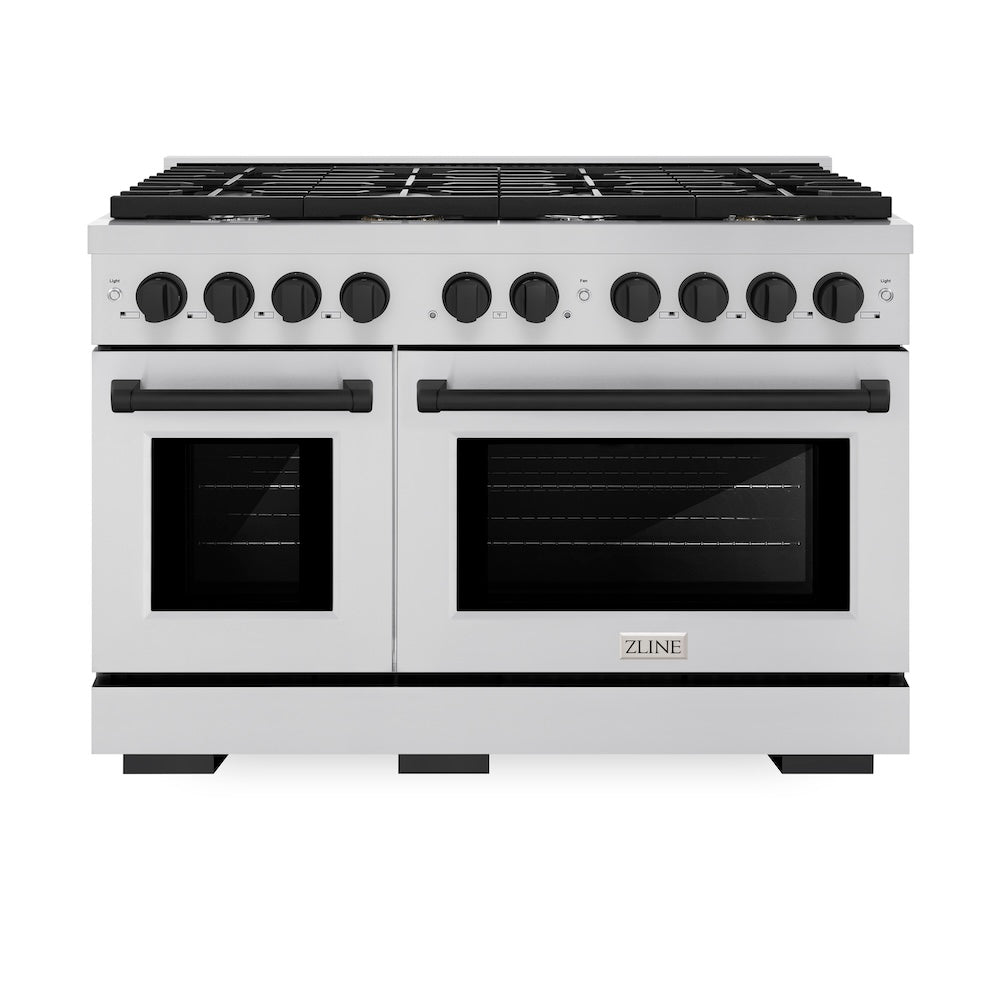 ZLINE Autograph Edition 48 in. 6.7 cu. ft. Paramount Double Oven Dual Fuel Range with 8 Burner Gas Cooktop in Stainless Steel and Matte Black Accents (SDRZ-48-MB) front, oven closed.