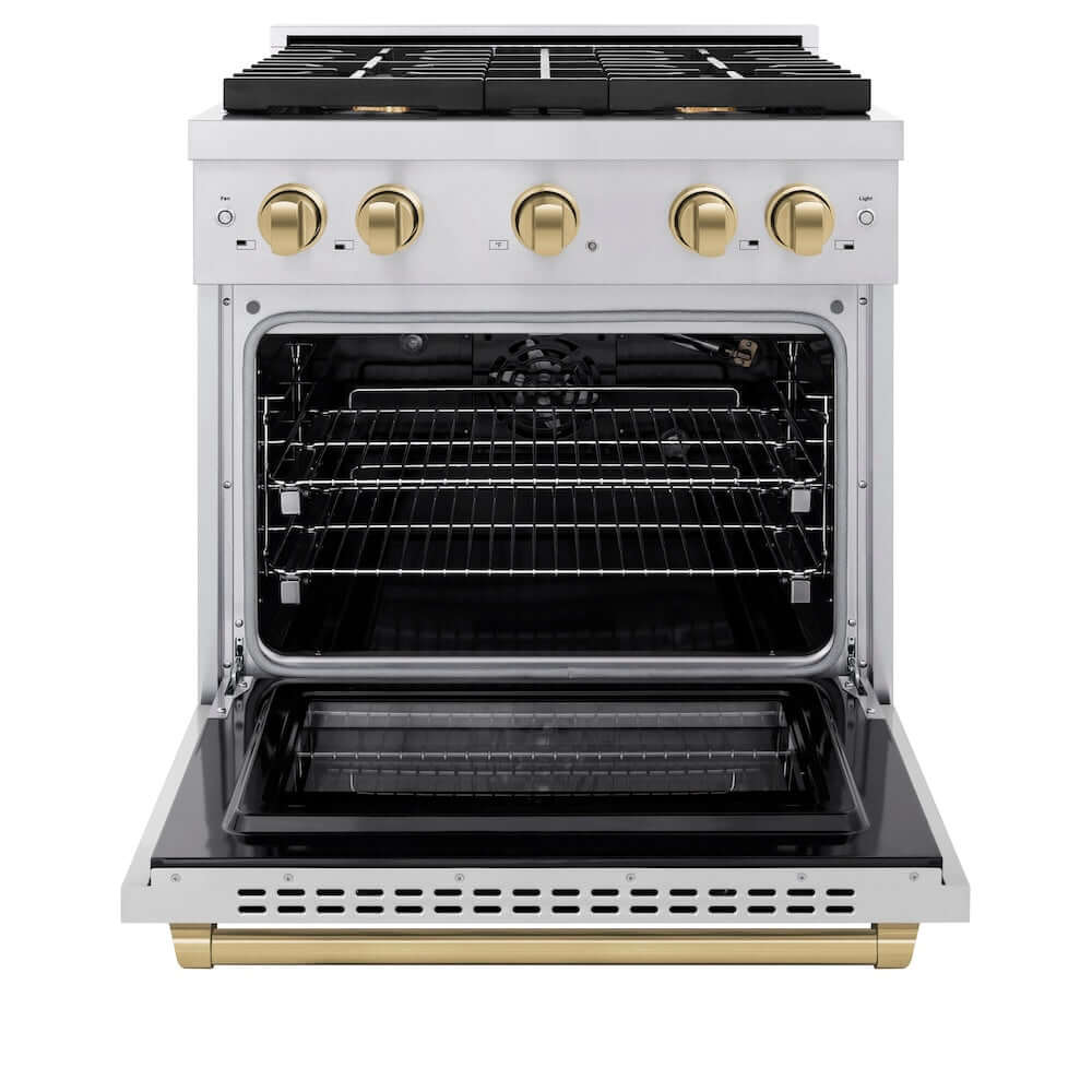 ZLINE Autograph Edition 30 in. 4.2 cu. ft. 4 Burner Gas Range with Convection Gas Oven in Stainless Steel and Champagne Bronze Accents (SGRZ-30-CB) front, oven open.