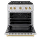 ZLINE Autograph Edition 30 in. 4.2 cu. ft. Paramount Gas Range with 4 Burner Cooktop and Convection Gas Oven in Stainless Steel and Champagne Bronze Accents (SGRZ-30-CB) front, oven open.
