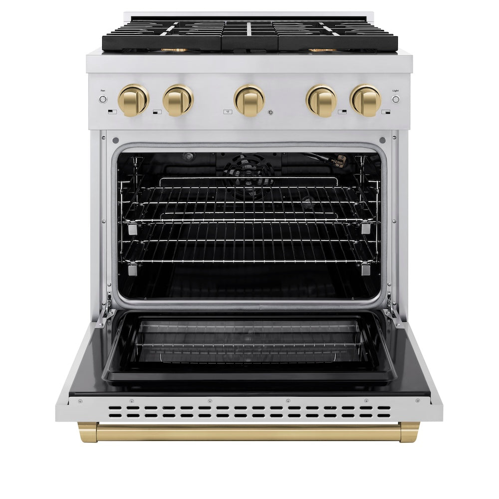 ZLINE Autograph Edition 30 in. 4.2 cu. ft. Paramount Gas Range with 4 Burner Cooktop and Convection Gas Oven in Stainless Steel and Champagne Bronze Accents (SGRZ-30-CB) front, oven open.
