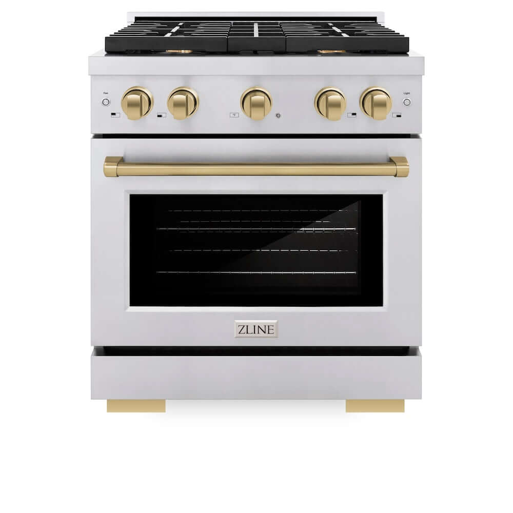 ZLINE Autograph Edition 30 in. 4.2 cu. ft. 4 Burner Gas Range with Convection Gas Oven in Stainless Steel and Champagne Bronze Accents (SGRZ-30-CB) front, oven closed.