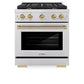 ZLINE Autograph Edition 30 in. 4.2 cu. ft. Paramount Gas Range with 4 Burner Cooktop and Convection Gas Oven in Stainless Steel and Champagne Bronze Accents (SGRZ-30-CB) front, oven closed.