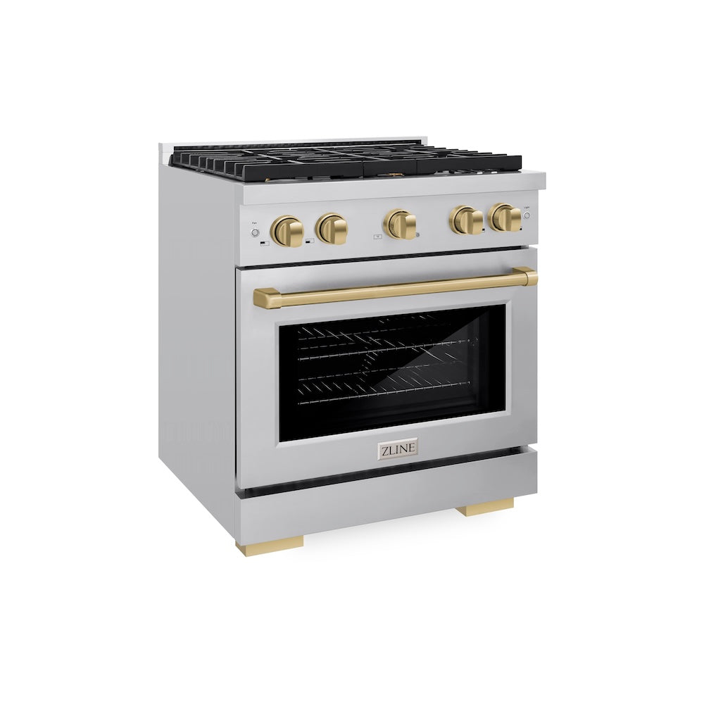 ZLINE Autograph Edition 30 in. 4.2 cu. ft. Paramount Gas Range with 4 Burner Cooktop and Convection Gas Oven in Stainless Steel and Champagne Bronze Accents (SGRZ-30-CB) main image.