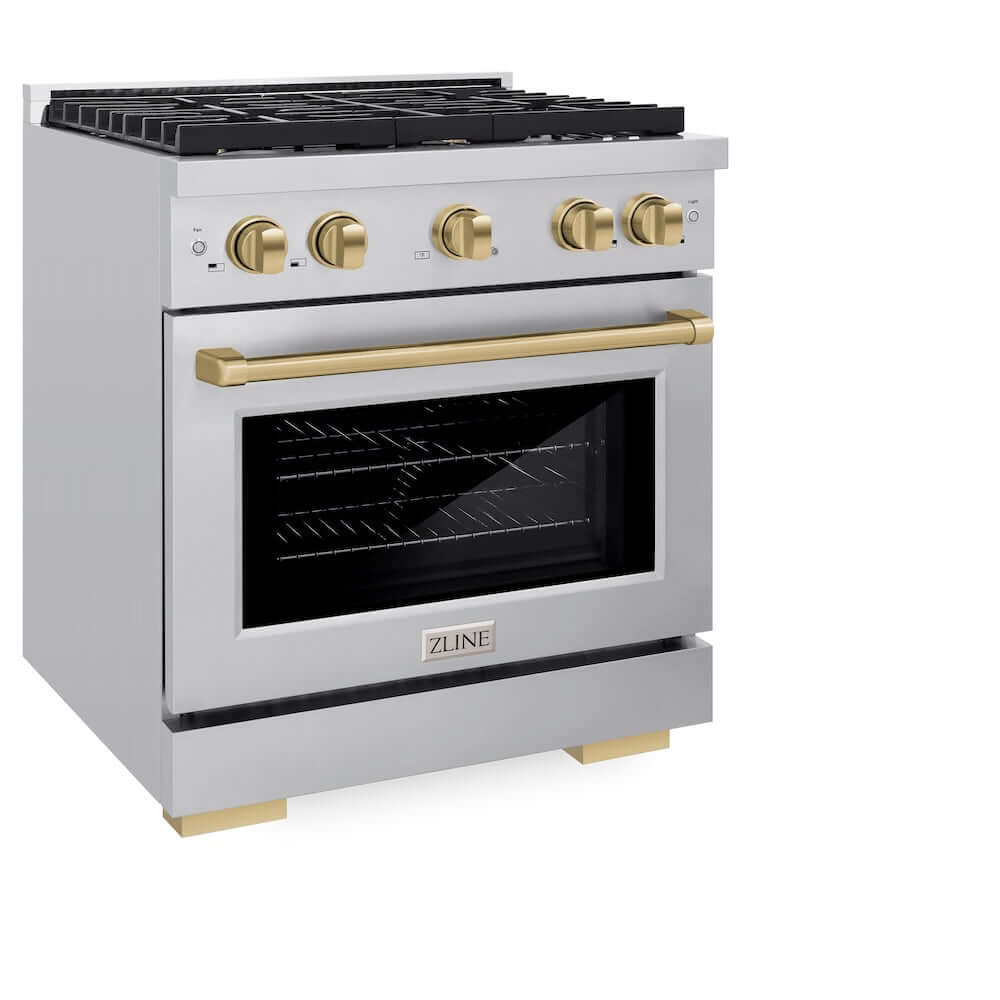 ZLINE Autograph Edition 30 in. 4.2 cu. ft. 4 Burner Gas Range with Convection Gas Oven in Stainless Steel and Champagne Bronze Accents (SGRZ-30-CB) side, oven closed.