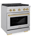 ZLINE Autograph Edition 30 in. 4.2 cu. ft. Paramount Gas Range with 4 Burner Cooktop and Convection Gas Oven in Stainless Steel and Champagne Bronze Accents (SGRZ-30-CB) side, oven closed.