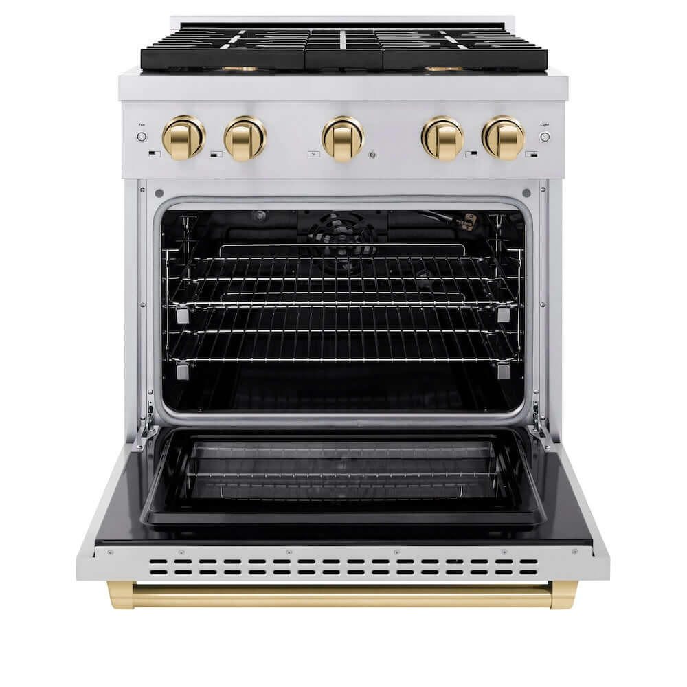 ZLINE Autograph Edition 30 in. Gas Range in Stainless Steel with Polished Gold Accents (SGRZ-30-G) front, oven door open.