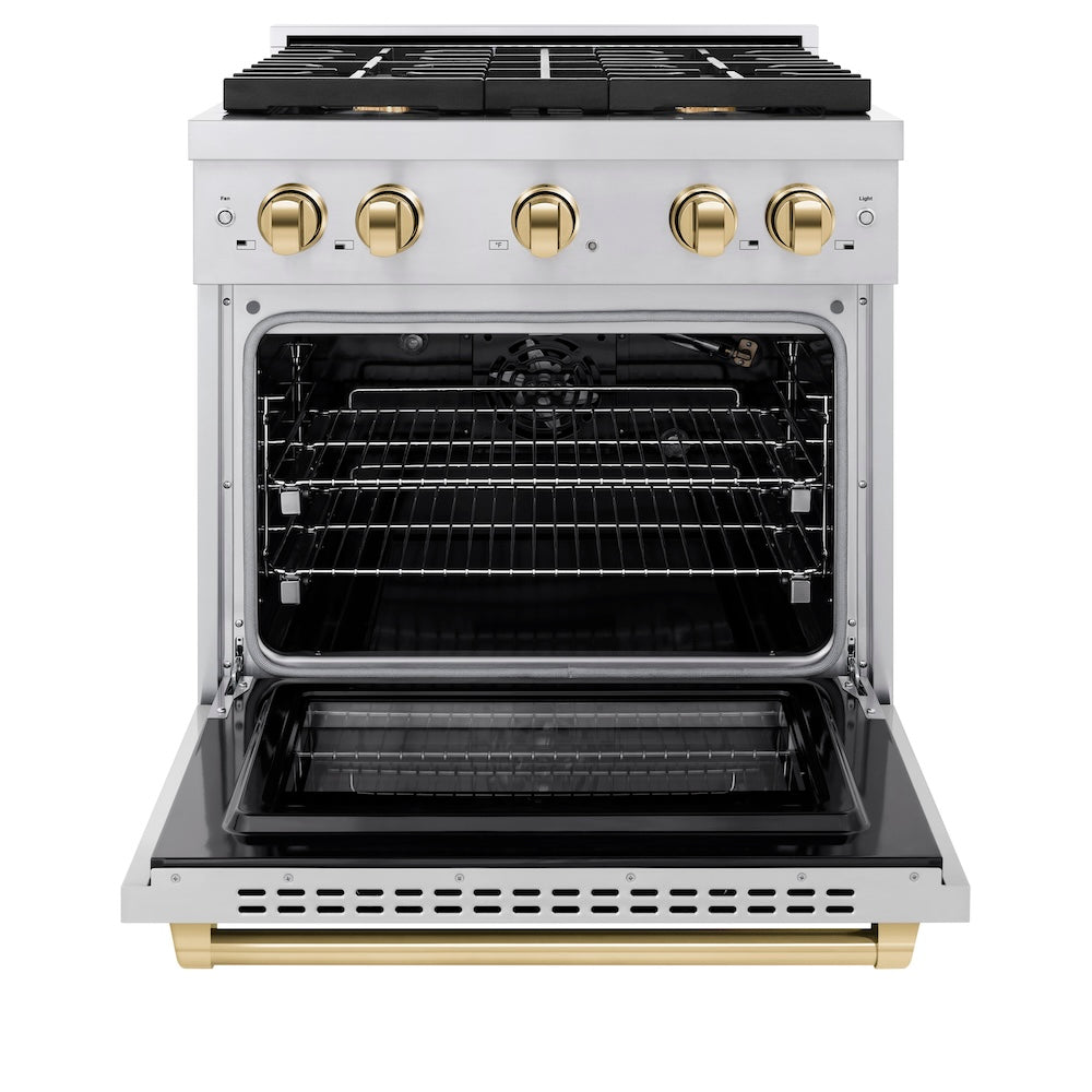 ZLINE Autograph Edition 30 in. 4.2 cu. ft. Paramount Gas Range with 4 Burner Cooktop and Convection Gas Oven in Stainless Steel and Polished Gold Accents (SGRZ-30-G) front, oven open.