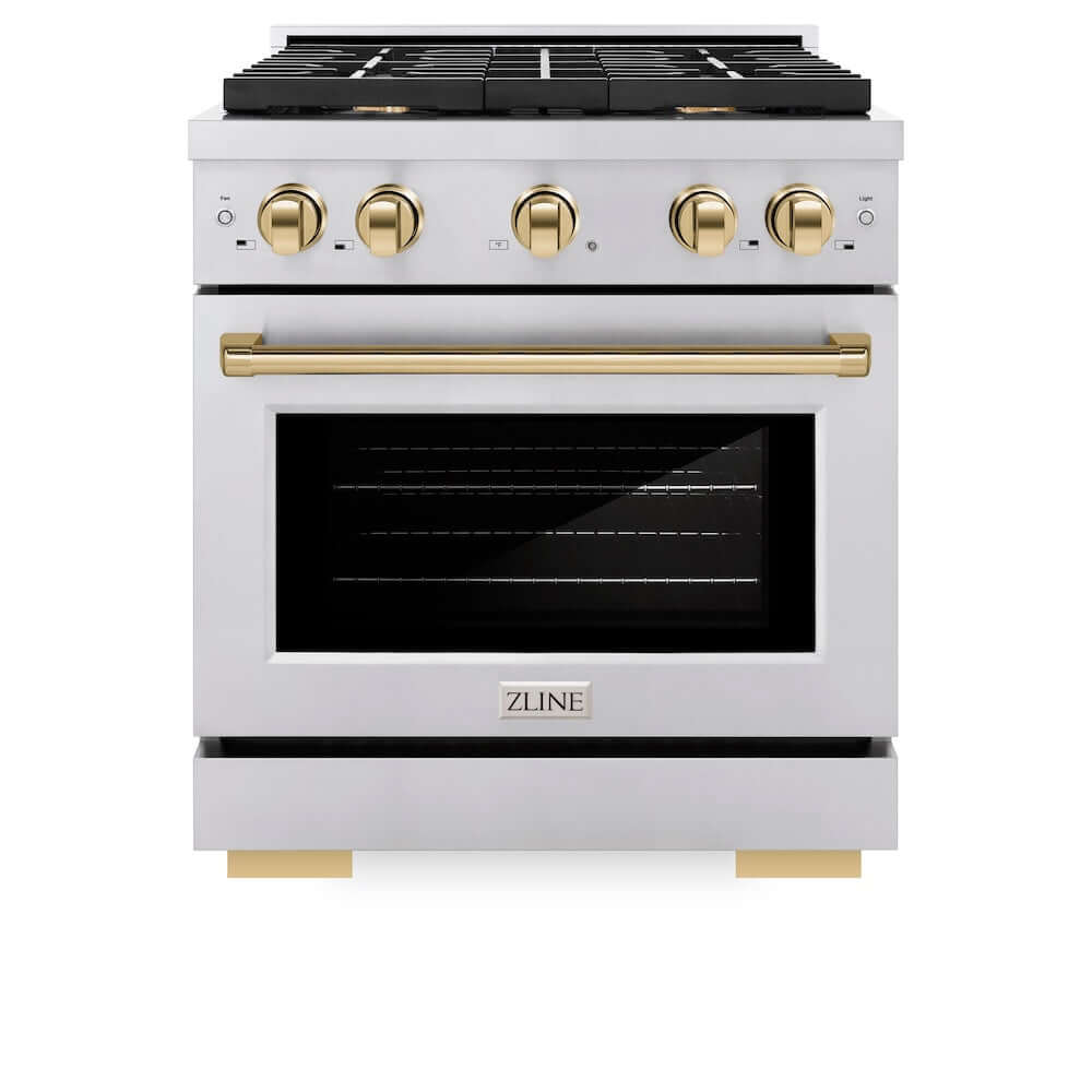 ZLINE Autograph Edition 30 in. Gas Range in Stainless Steel with Polished Gold Accents (SGRZ-30-G) front, oven door closed.