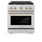 ZLINE Autograph Edition 30 in. 4.2 cu. ft. Paramount Gas Range with 4 Burner Cooktop and Convection Gas Oven in Stainless Steel and Polished Gold Accents (SGRZ-30-G) front, oven closed.