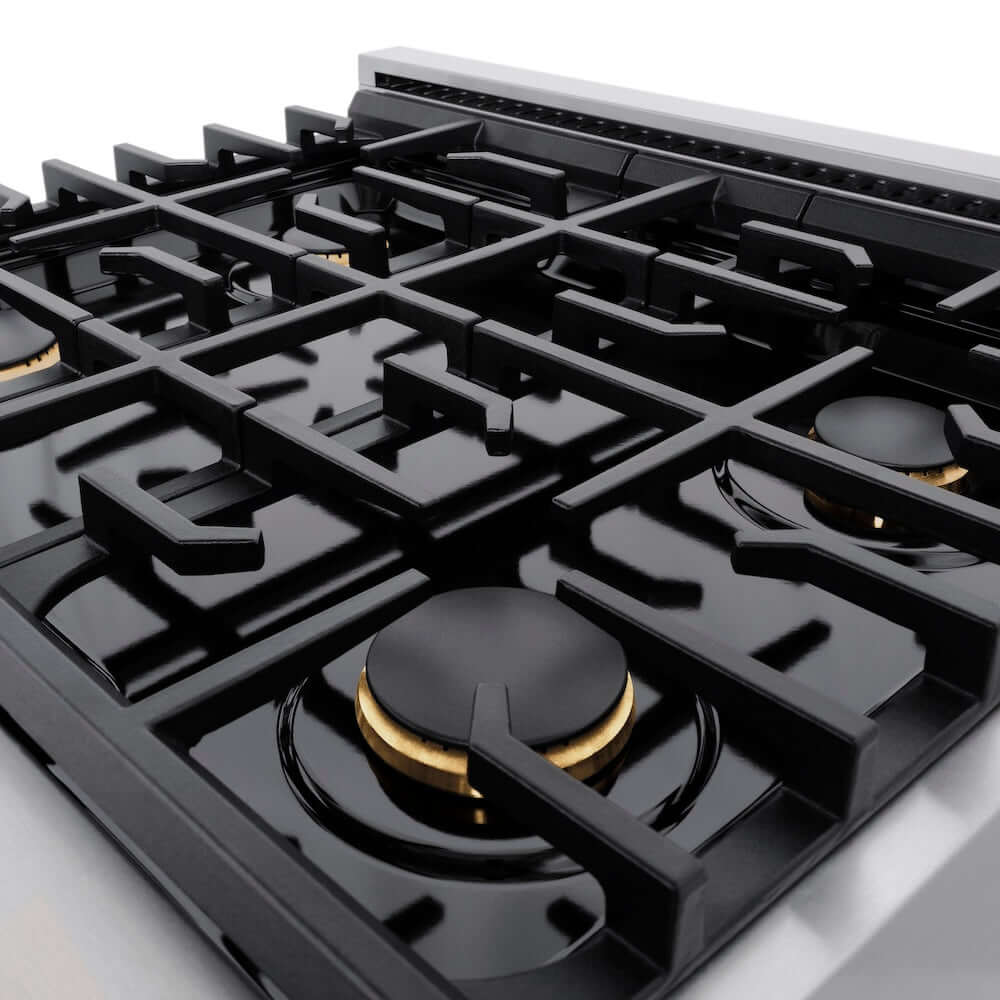 ZLINE Autograph Edition Brass Burners and Cast-Iron Grates on 30-inch Gas Range close-up.