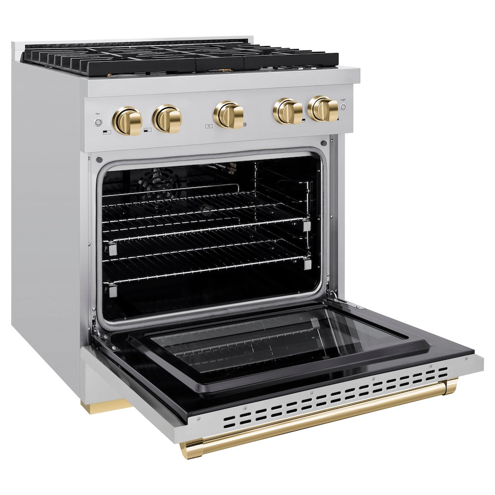 ZLINE Autograph Edition 30 in. 4.2 cu. ft. Paramount Gas Range with 4 Burner Cooktop and Convection Gas Oven in Stainless Steel and Polished Gold Accents (SGRZ-30-G) side, oven open.