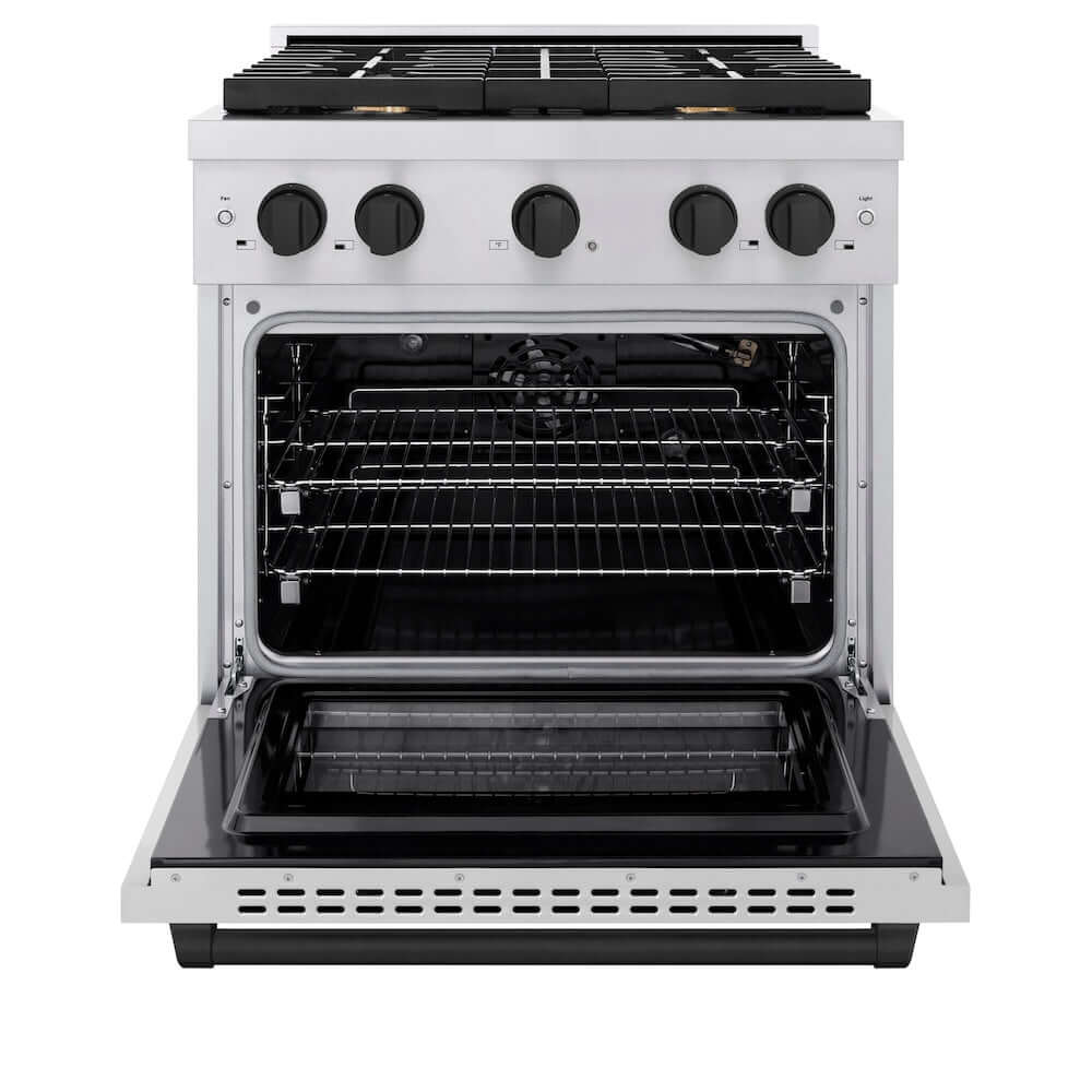 ZLINE Autograph Edition 30 in. Gas Range in Stainless Steel with Matte Black Accents (SGRZ-30-MB) front, oven door open.