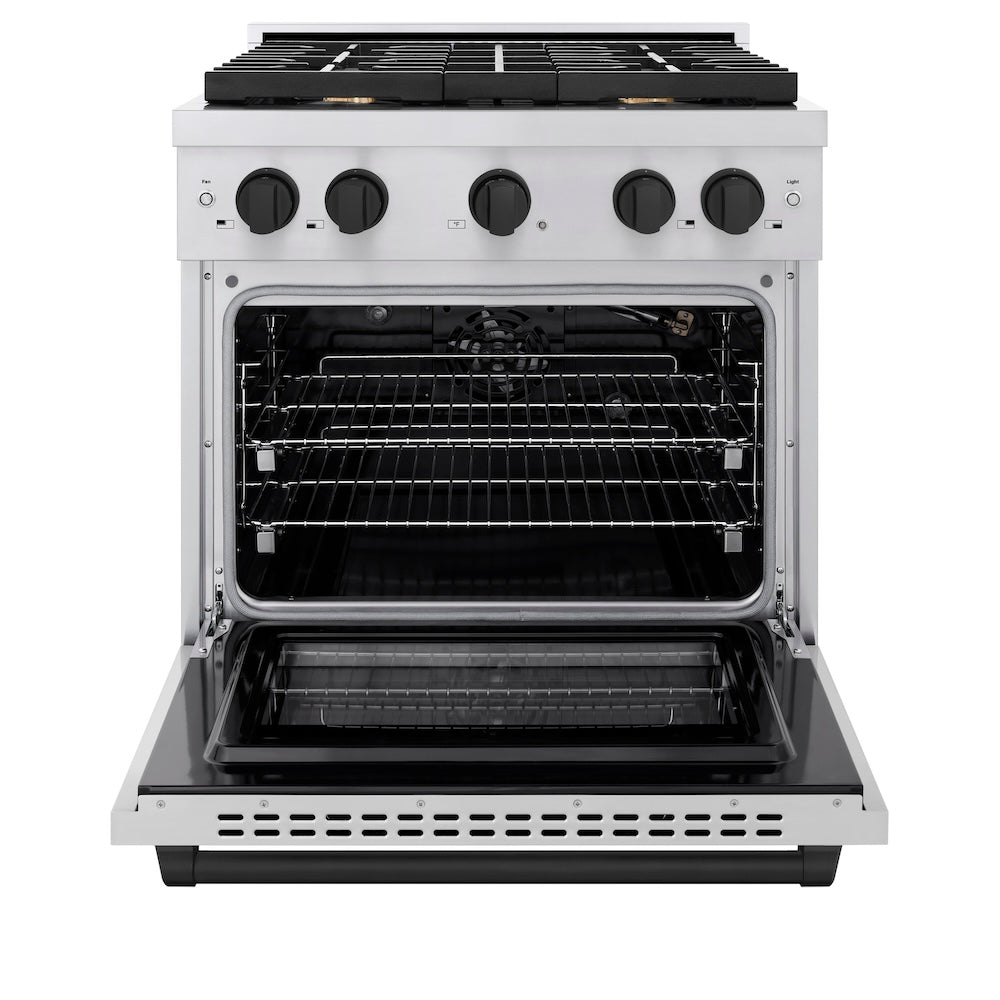 ZLINE Autograph Edition 30 in. 4.2 cu. ft. Paramount Gas Range with 4 Burner Cooktop and Convection Gas Oven in Stainless Steel and Matte Black Accents (SGRZ-30-MB) front, oven open.