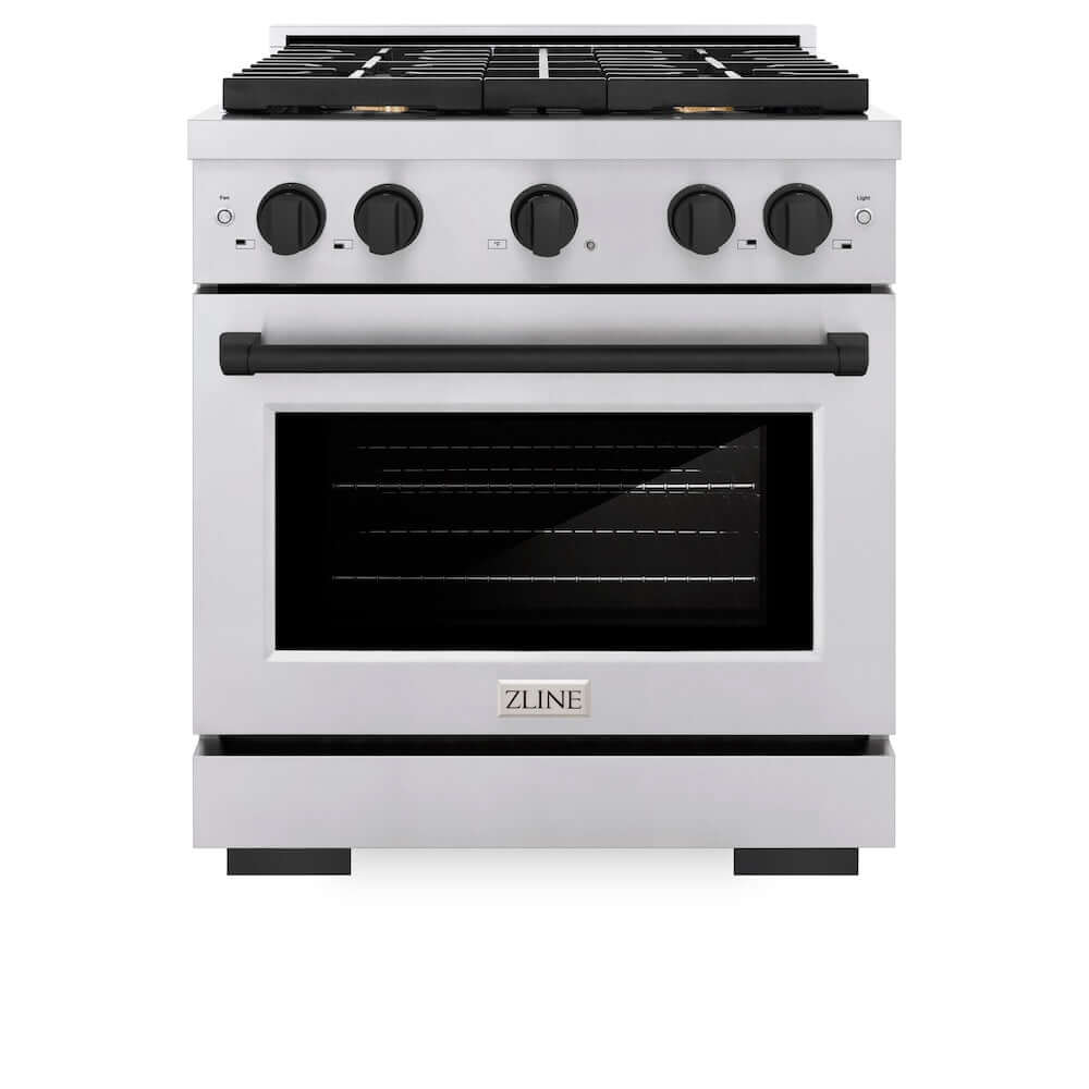 ZLINE Autograph Edition 30 in. Gas Range in Stainless Steel with Matte Black Accents (SGRZ-30-MB) front, oven door closed.