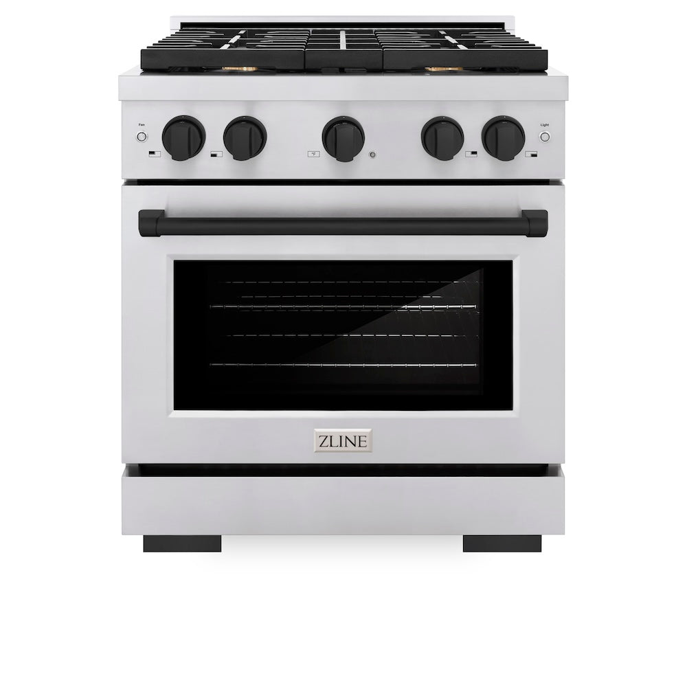 ZLINE Autograph Edition 30 in. 4.2 cu. ft. Paramount Gas Range with 4 Burner Cooktop and Convection Gas Oven in Stainless Steel and Matte Black Accents (SGRZ-30-MB) front, oven closed.