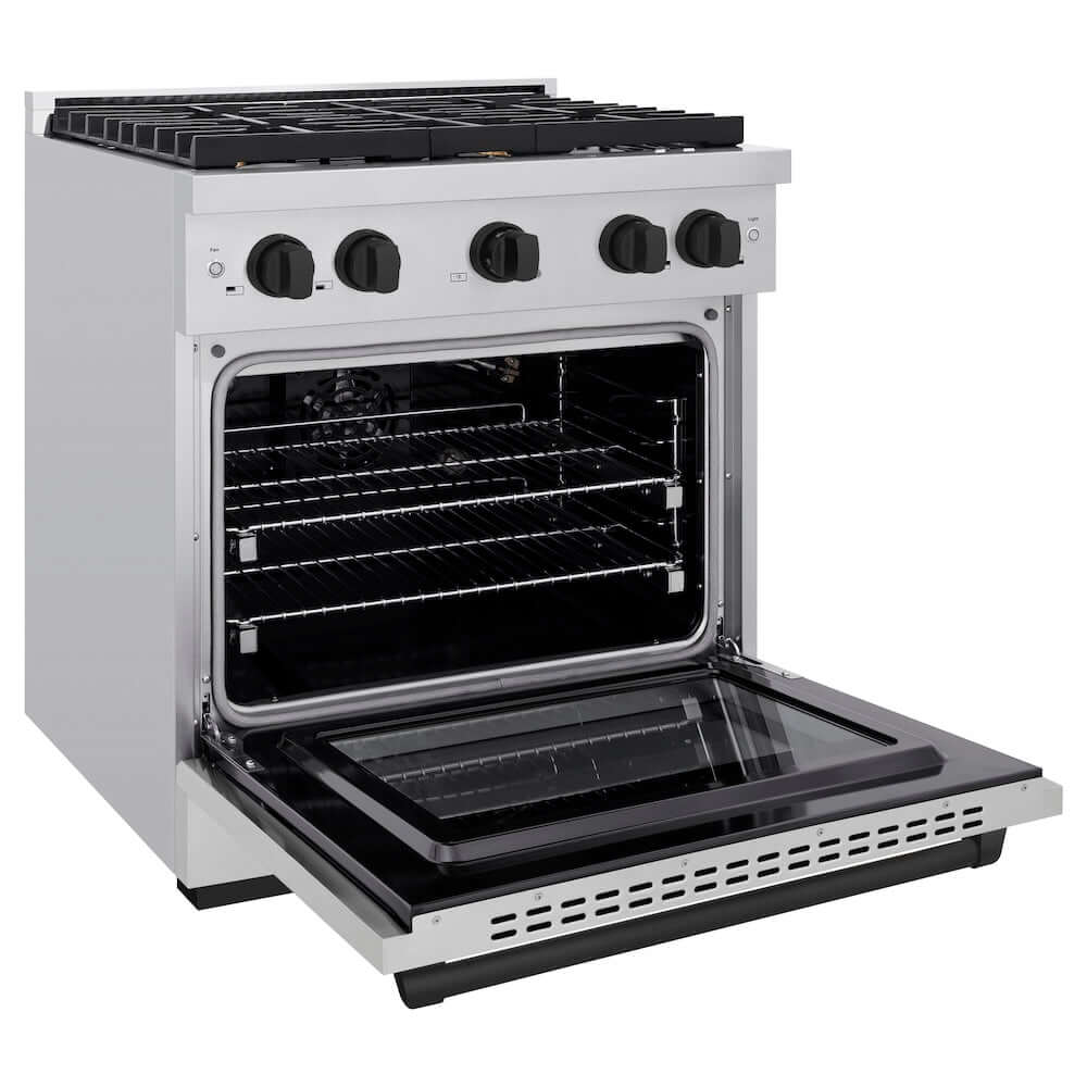 ZLINE Autograph Edition 30 in. Gas Range in Stainless Steel with Matte Black Accents (SGRZ-30-MB) side, oven door open.