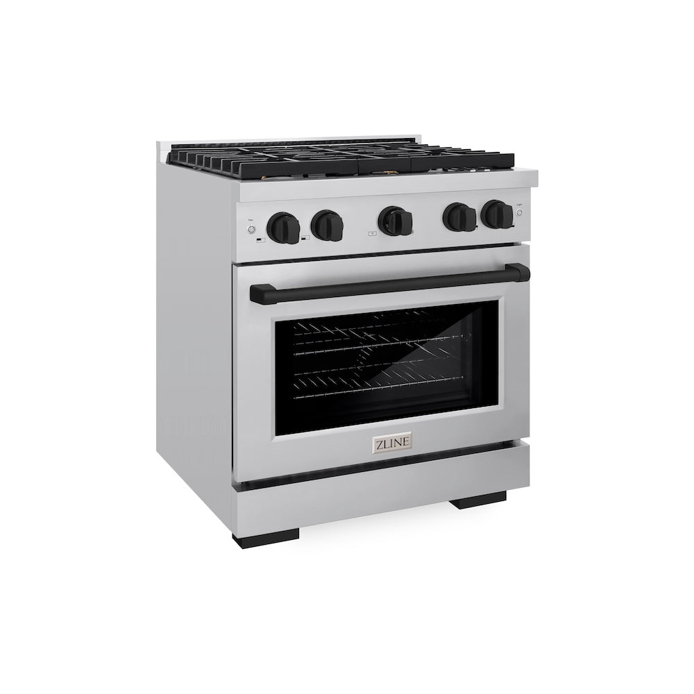 ZLINE Autograph Edition 30 in. 4.2 cu. ft. Paramount Gas Range with 4 Burner Cooktop and Convection Gas Oven in Stainless Steel and Matte Black Accents (SGRZ-30-MB) main image.