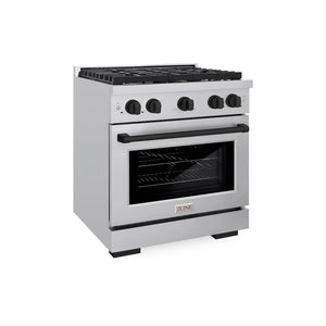 ZLINE Autograph Edition 30 in. 4.2 cu. ft. Paramount Gas Range with 4 Burner Cooktop and Convection Gas Oven in Stainless Steel and Matte Black Accents (SGRZ-30-MB) main image.