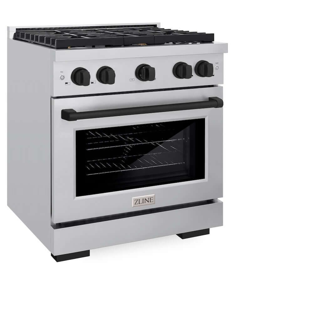 ZLINE Autograph Edition 30 in. Gas Range in Stainless Steel with Matte Black Accents (SGRZ-30-MB) side, oven door closed.