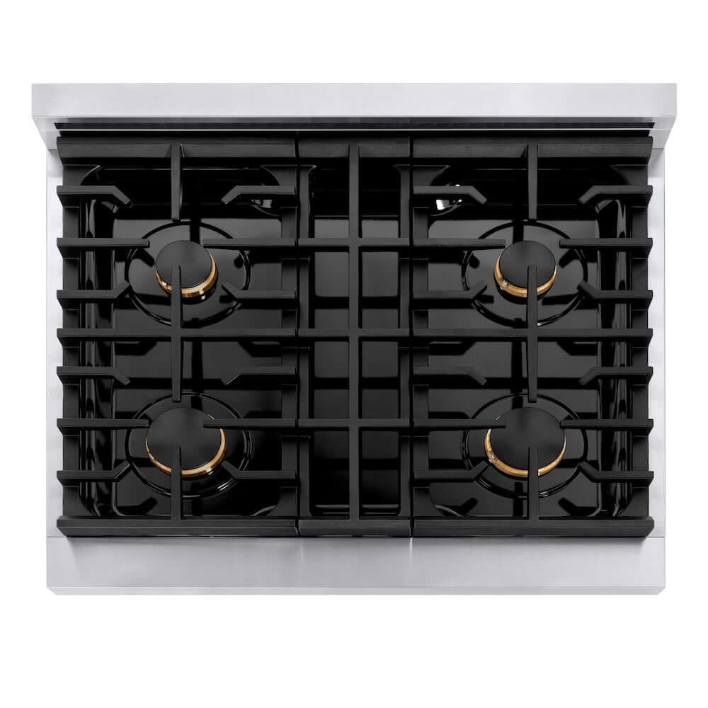 ZLINE Autograph Edition 30 in. SGR Gas Range from above showing 4-burner gas cooktop with brass burners and black porcelain top.