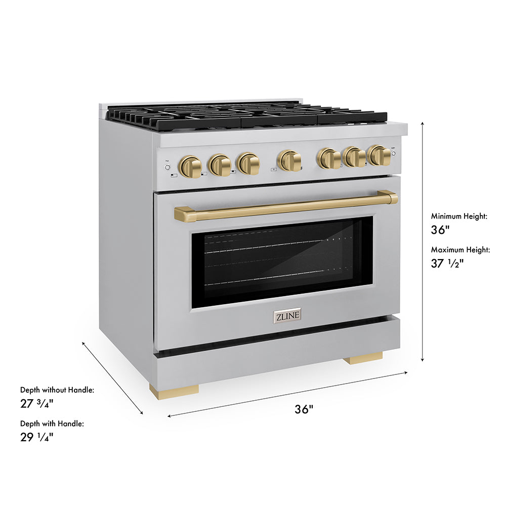 ZLINE Autograph Edition 36 in. 5.2 cu. ft. Paramount Gas Range with 6 Burner Cooktop and Convection Gas Oven in Stainless Steel and Champagne Bronze Accents (SGRZ-36-CB) dimensional diagram.