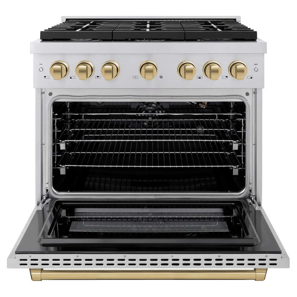ZLINE Autograph Edition 36 in. 5.2 cu. ft. 6 Burner Gas Range with Convection Gas Oven in Stainless Steel and Champagne Bronze Accents (SGRZ-36-CB) front, oven open.