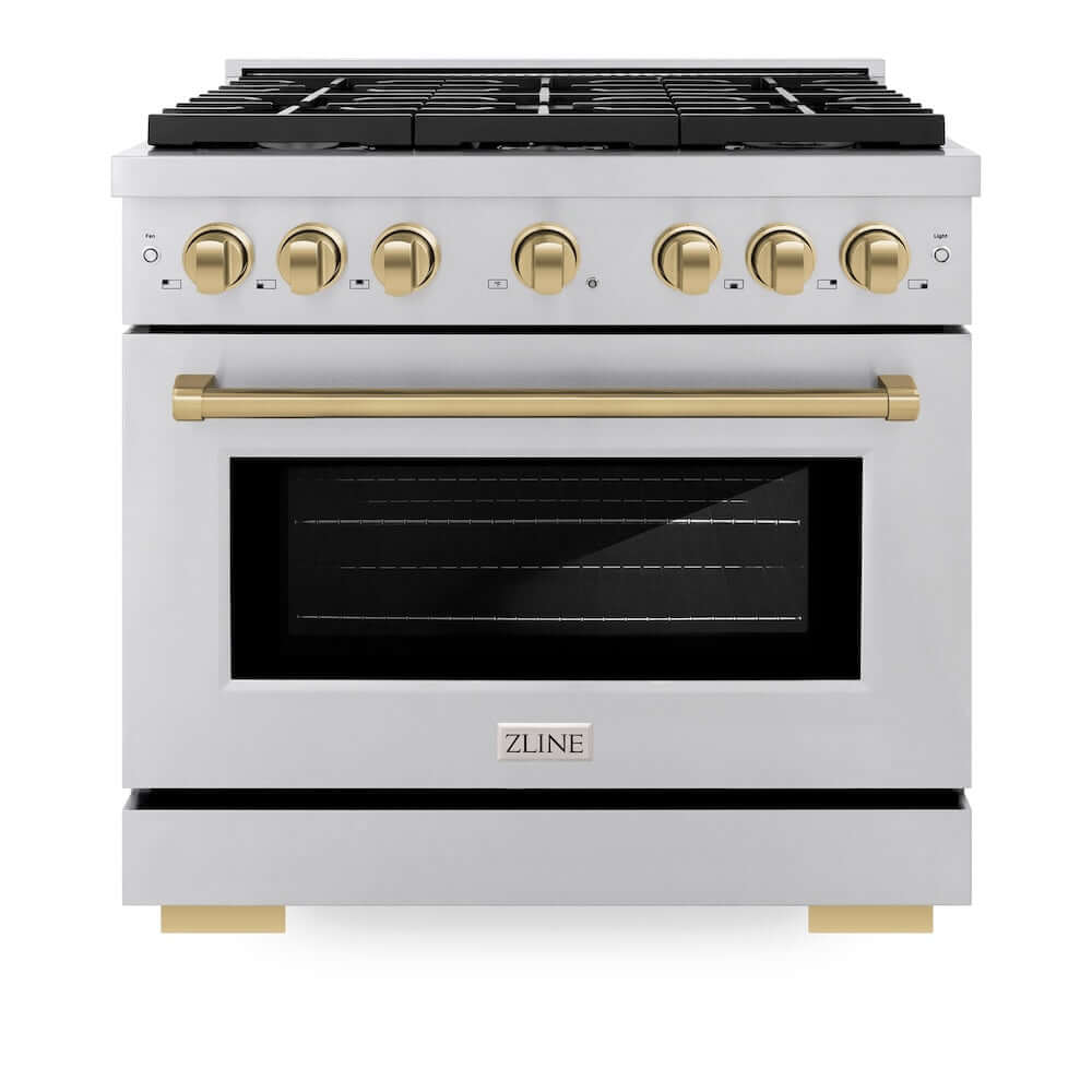 ZLINE Autograph Edition 36 in. 5.2 cu. ft. 6 Burner Gas Range with Convection Gas Oven in Stainless Steel and Champagne Bronze Accents (SGRZ-36-CB) front, oven closed.