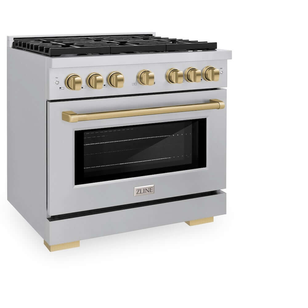 ZLINE Autograph Edition 36 in. 5.2 cu. ft. 6 Burner Gas Range with Convection Gas Oven in Stainless Steel and Champagne Bronze Accents (SGRZ-36-CB) side, oven closed.