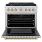 ZLINE Autograph Edition 36 in. 5.2 cu. ft. Paramount Gas Range with 6 Burner Cooktop and Convection Gas Oven in Stainless Steel and Polished Gold Accents (SGRZ-36-G) front, oven open.