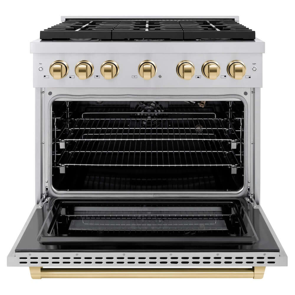 ZLINE Autograph Edition 36 in. 5.2 cu. ft. Paramount Gas Range with 6 Burner Cooktop and Convection Gas Oven in Stainless Steel and Polished Gold Accents (SGRZ-36-G) front, oven open.