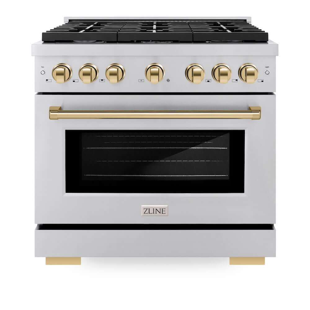 ZLINE Autograph Edition 36 in. 5.2 cu. ft. 6 Burner Gas Range with Convection Gas Oven in Stainless Steel and Polished Gold Accents (SGRZ-36-G)