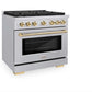 ZLINE Autograph Edition 36 in. 5.2 cu. ft. Paramount Gas Range with 6 Burner Cooktop and Convection Gas Oven in Stainless Steel and Polished Gold Accents (SGRZ-36-G) side, oven closed.