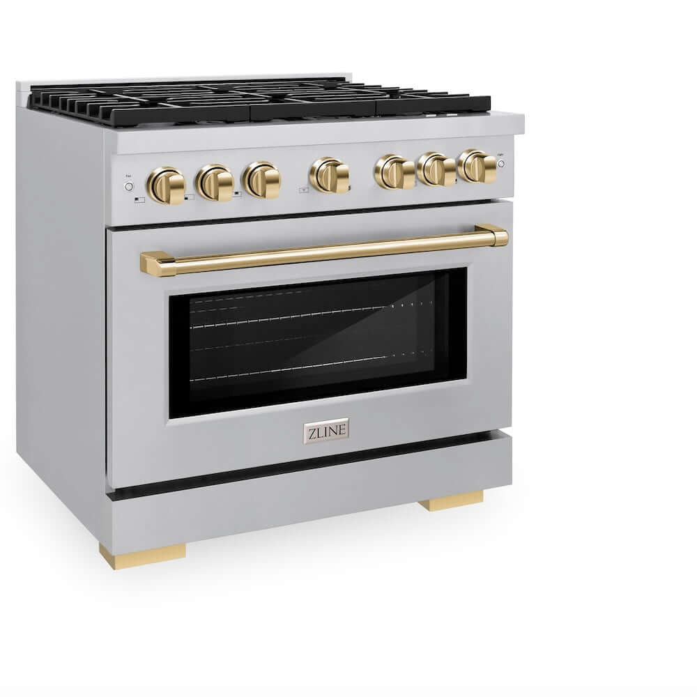 ZLINE Autograph Edition 36 in. 5.2 cu. ft. Paramount Gas Range with 6 Burner Cooktop and Convection Gas Oven in Stainless Steel and Polished Gold Accents (SGRZ-36-G) side, oven closed.