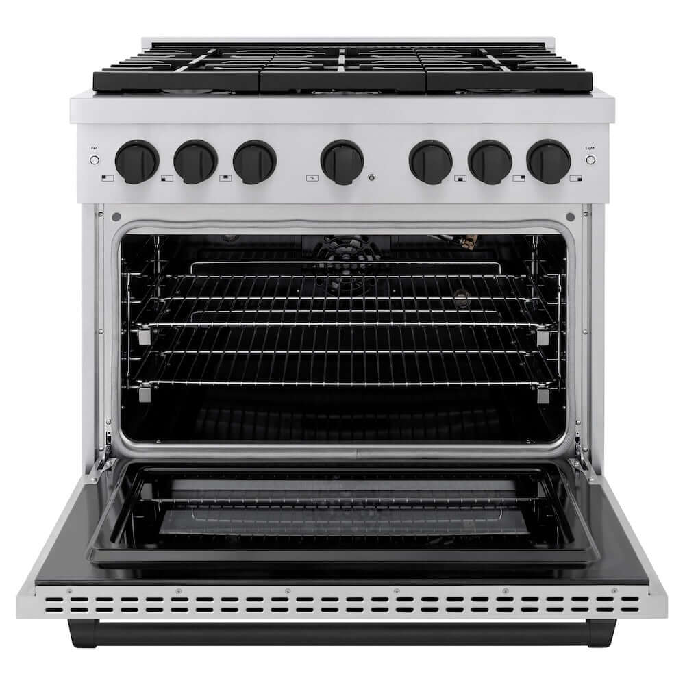 ZLINE Autograph Edition 36 in. 5.2 cu. ft. 6 Burner Gas Range with Convection Gas Oven in Stainless Steel and Matte Black Accents (SGRZ-36-MB) front, oven open.